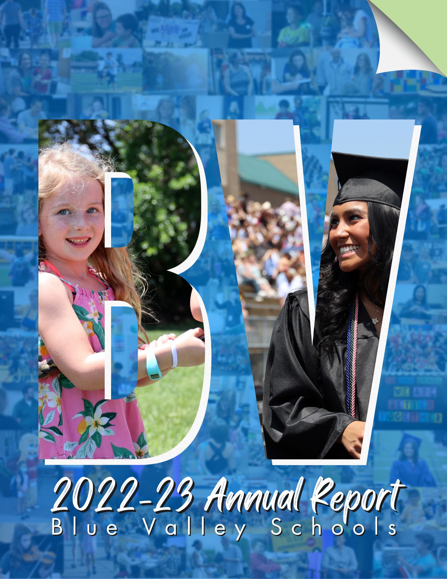 BV Schools Annual report cover of an elementary student and a high school graduate